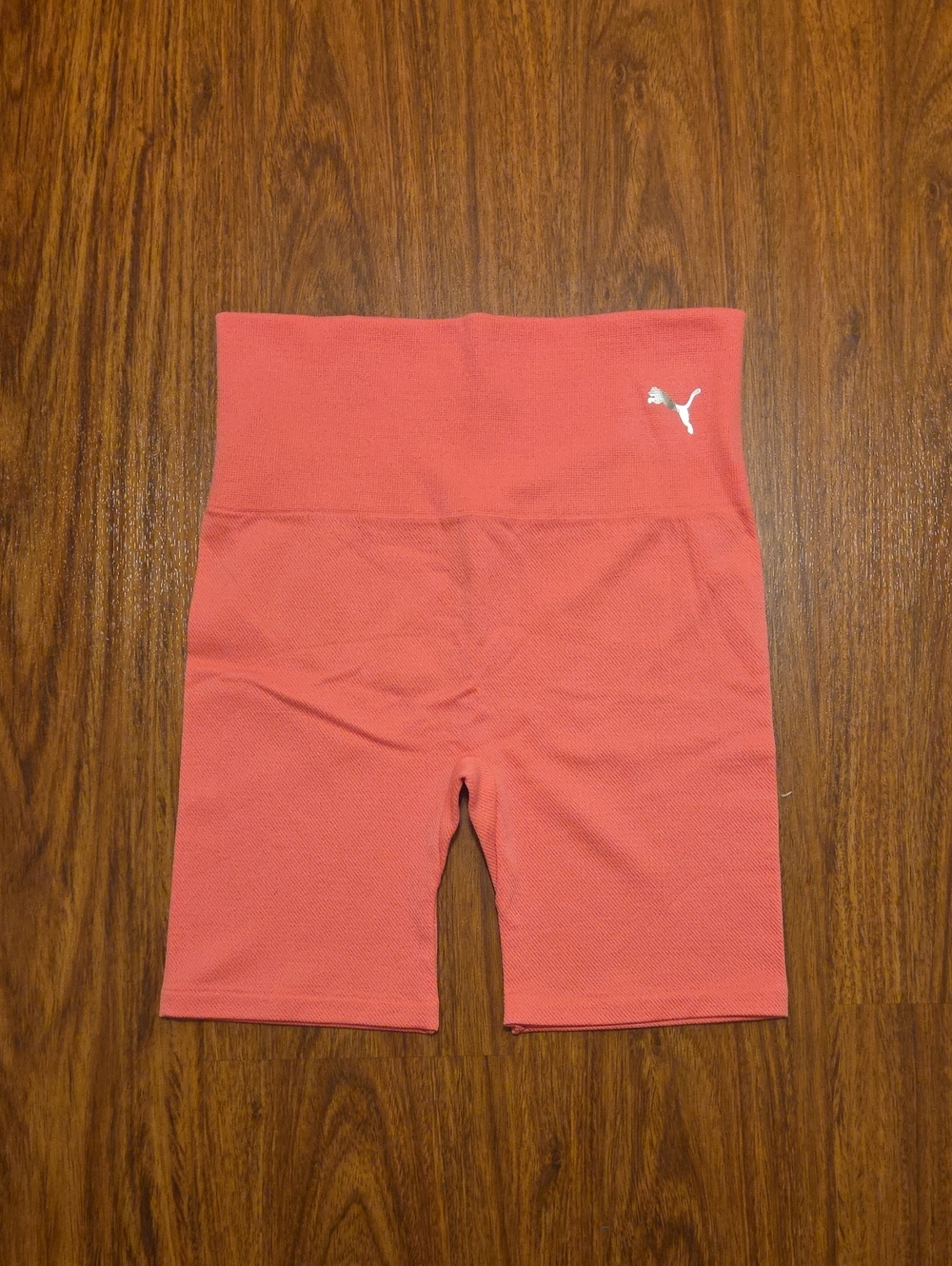 Puma Coral-Red High Waist Bike Shorts | Athletic Workout Shorts with Logo | L